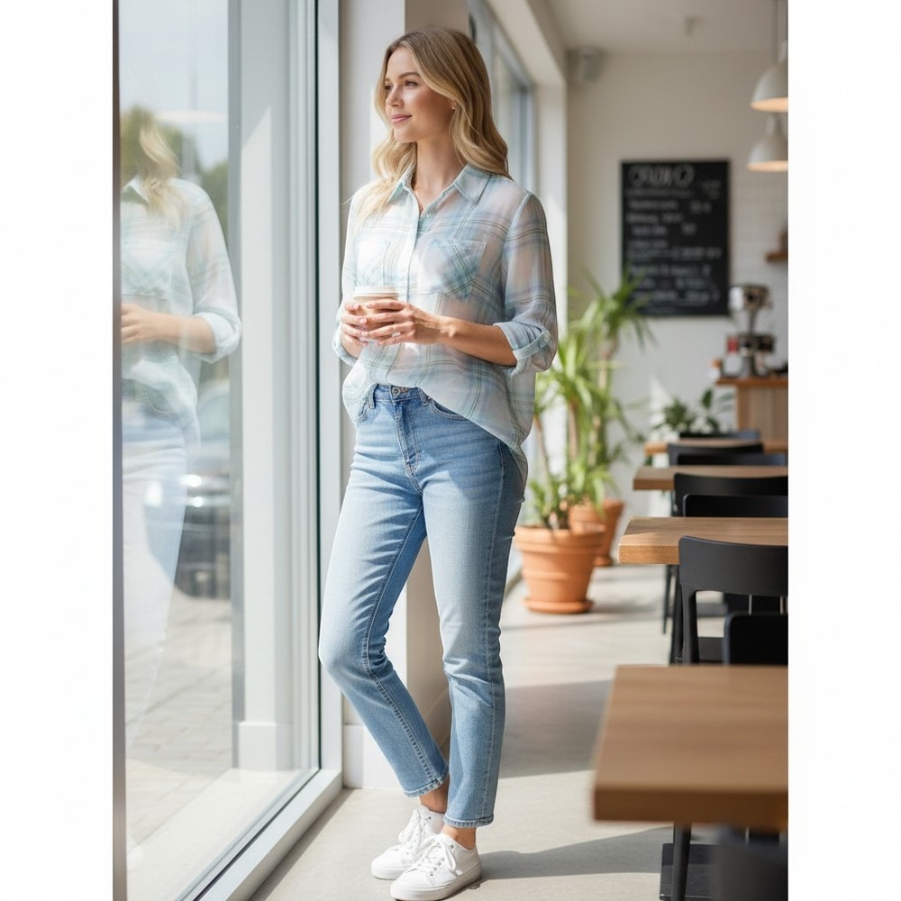 DECREE Woman's :Long Sleeve Blue/Gray Blouse Size S chiffon stripes very sexy